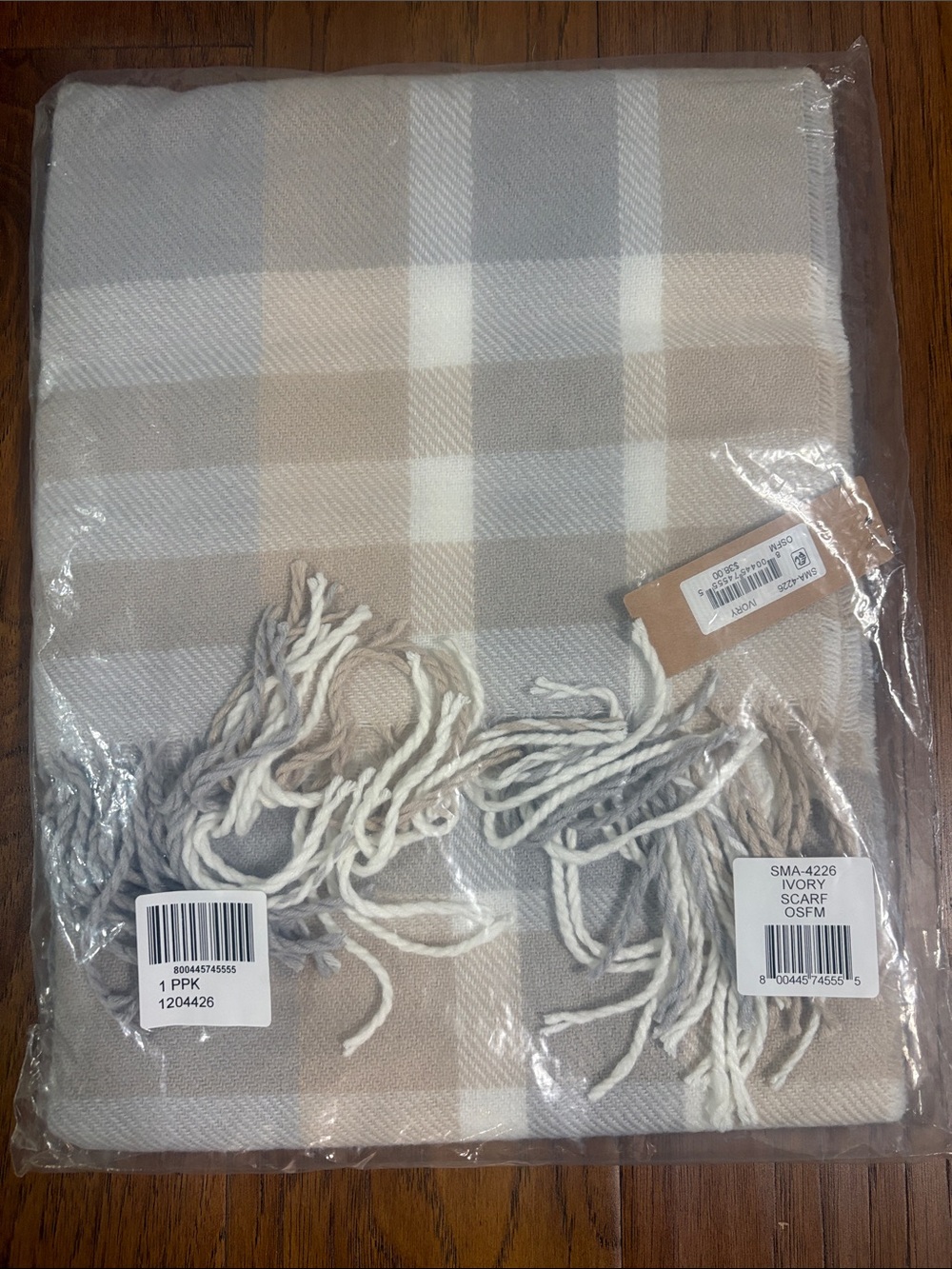 Steve Madden Ivory and Taupe Plaid Fringe Scarf